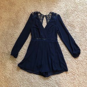 Navy Romper Cut Out Lace Detailing Long Sleeve